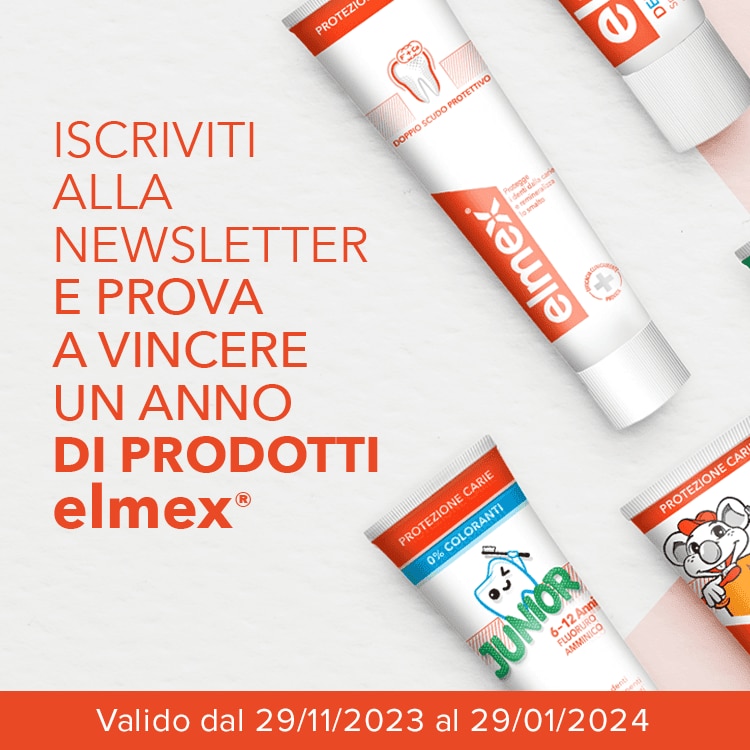 ISCRIVITI ALLA NEWSLETTER E PROVA A VINCERE UN ANNO DI PRODOTTI elmex®