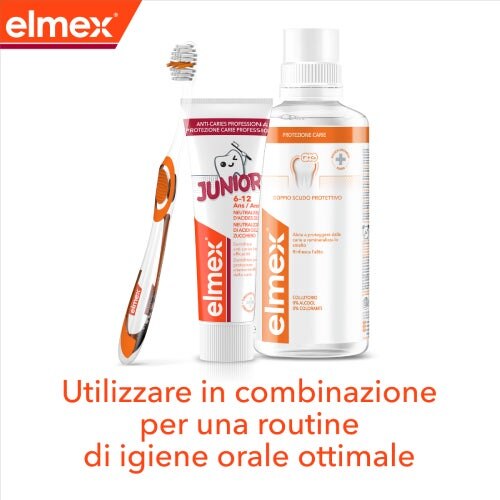 Spazzolino, dentifricio e collutorio elmex Junior consigliati per una routine di igiene orale ottimale.