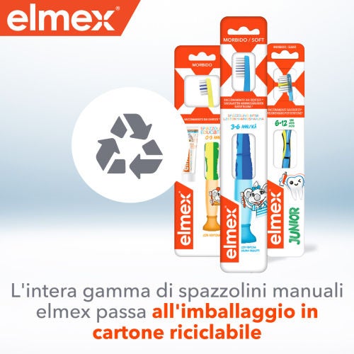 L'intera gamma di spazzolini manuali elmex passa all'imballaggio in cartone riciclabile.