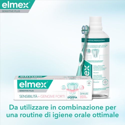 Prodotti Elmex per l'igiene orale: una confezione di dentifricio "Sensibilità + Gengive Forti", uno spazzolino verde e un flacone di collutorio, accompagnati dal testo "Da utilizzare in combinazione per una routine di igiene orale ottimale"