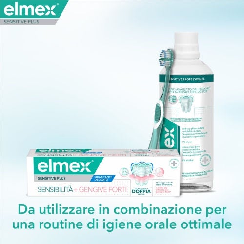  Alt text: Immagine promozionale della gamma Elmex Sensitive Plus che mostra un dentifricio, uno spazzolino e un collutorio, con la scritta "Da utilizzare in combinazione per una routine di igiene orale ottimale"